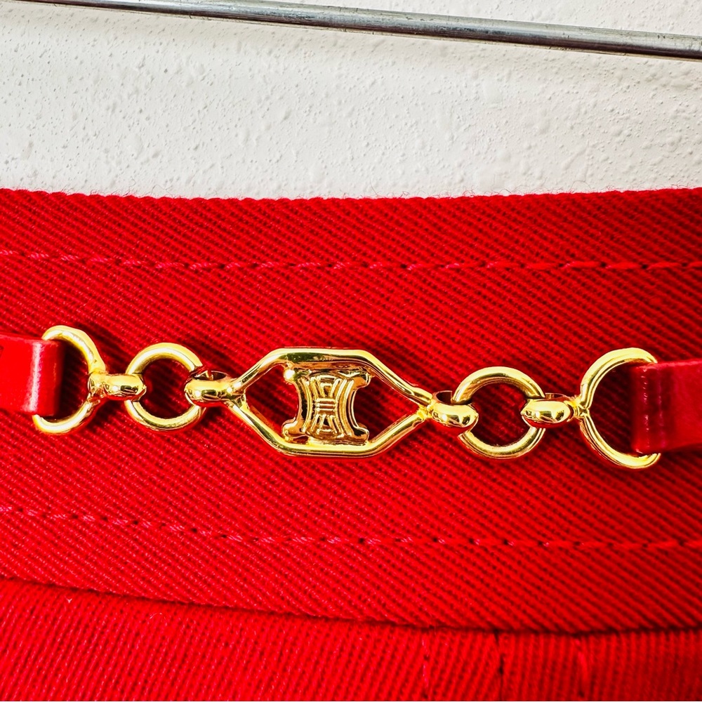 Authentic Celine 100% wool pleated midi skirt with gold chain waist saffron red - Picture 10 of 12